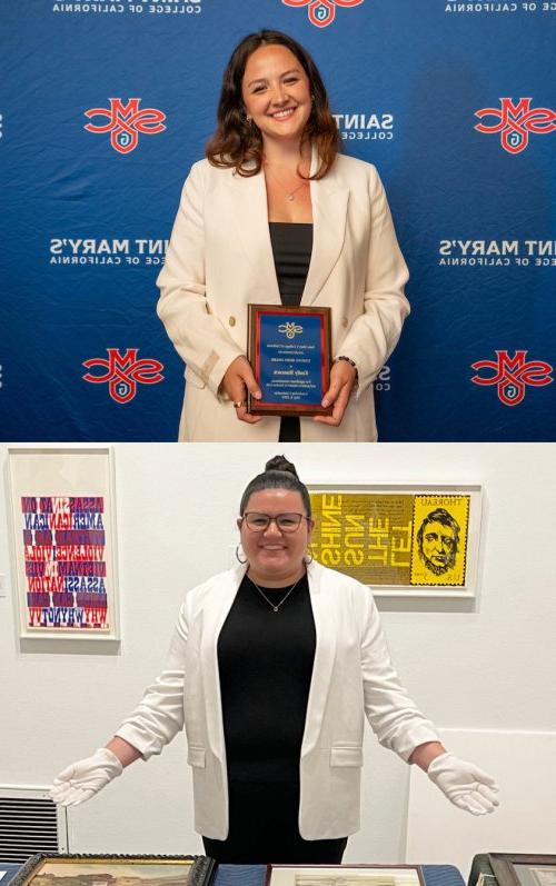 Two photos: on top, student Emily Hancock holds plaque for 2024 Student Leadership Awards; Bottom, Izzy Ruiz in SMC Museum of Art